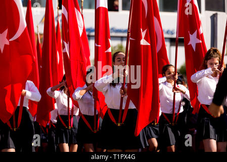 Izmir, Turkey - October 29, 2018: Turkish flag carrying students at festival of Republic Day of Turkey. Stock Photo