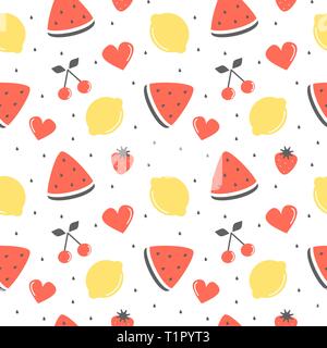 cute fresh summer fruits seamless vector pattern background illustration with lemons, cherries, strawberries and watermelon slice Stock Vector
