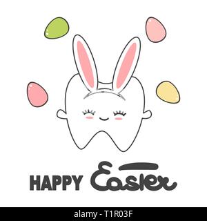 happy easter vector card with cute cartoon bunny tooth character and eggs Stock Vector