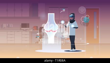 arab doctor nurse wearing digital glasses looking virtual reality knee-joint human organ anatomy healthcare medical vr headset vision concept clinic Stock Vector