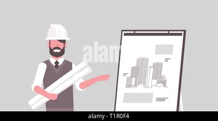 man architect in helmet holding blueprints in rolls engineer showing new drawing building on easel board panning project concept house blueprint Stock Vector