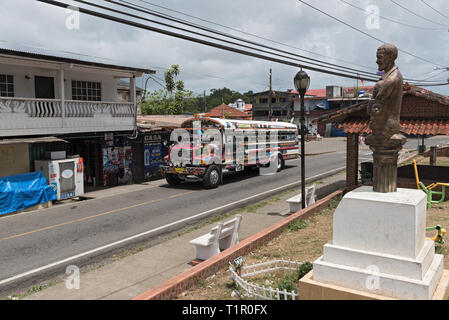 colorful painted chicken bus in portobelo, panama Stock Photo