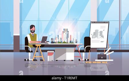 architect engineer using laptop house blueprint plan city building model adjustable drawing board urban panning project concept modern office interior Stock Vector