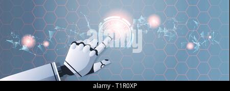 robot hand touching abstract virtual user interface touchscreen artificial intelligence digital futuristic technology concept flat horizontal Stock Vector