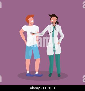 female medical doctor with stethoscope checking patient breath woman in uniform listening man healthcare concept male female cartoon characters full Stock Vector