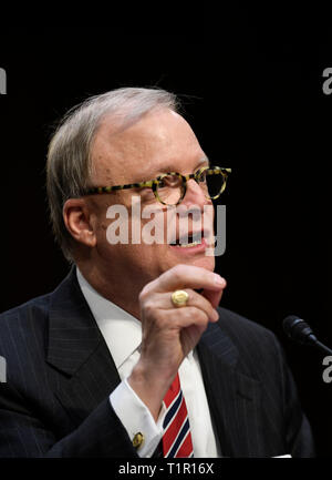 Washington, USA. 27th Mar, 2019. Robert Sumwalt, Chairman of the U.S. National Transportation Safety Board (NTSB), speaks at a Senate Commerce Committee hearing on airline safety in Washington, DC, the United States, on March 27, 2019. The U.S. Federal Aviation Administration (FAA) on Wednesday vowed to revamp its air safety oversight after two deadly crashes involving Boeing 737 Max jets in less than five months pointed to possible lapses in the aircraft approval process. Credit: Liu Jie/Xinhua/Alamy Live News Stock Photo