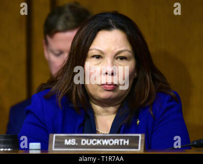 Washington, District of Columbia, USA. 27th Mar, 2019. United States Senator Tammy Duckworth (Democrat of Illinois) listens to testimony before the US Senate Committee on Commerce, Science, and Transportation Subcommittee on Aviation and Space, during a hearing titled, 'The State of Airline Safety: Federal Oversight of Commercial Aviation'' to examine problems with the Boeing 737 Max aircraft highlighted by the two recent fatal accidents Credit: Ron Sachs/CNP/ZUMA Wire/Alamy Live News Stock Photo