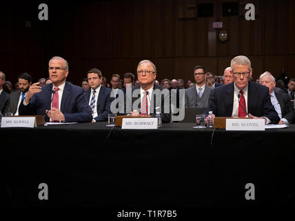 From left to right: Daniel Elwell, Acting Administrator, Federal Aviation Administration (FAA); Calvin Scovel, Inspector General, Department of Transportation; and Robert Sumwalt, Chairman, National Transportation Safety Board (NTSB), testify before the United States Senate Committee on Commerce, Science, and Transportation Subcommittee on Aviation and Space, during a hearing titled, 'The State of Airline Safety: Federal Oversight of Commercial Aviation' to examine problems with the Boeing 737 Max aircraft highlighted by the two recent fatal accidents. Credit: Ron Sachs/CNP | usage worldwide Stock Photo