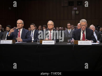 March 27, 2019 - Washington, District of Columbia, U.S. - From left to right: Daniel Elwell, Acting Administrator, Federal Aviation Administration (FAA); Calvin Scovel, Inspector General, Department of Transportation; and Robert Sumwalt, Chairman, National Transportation Safety Board (NTSB), testify before the United States Senate Committee on Commerce, Science, and Transportation Subcommittee on Aviation and Space, during a hearing titled, ''The State of Airline Safety: Federal Oversight of Commercial Aviation'' to examine problems with the Boeing 737 Max aircraft highlighted by the two recen Stock Photo