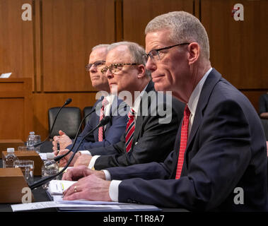 From left to right: Daniel Elwell, Acting Administrator, Federal Aviation Administration (FAA); Calvin Scovel, Inspector General, Department of Transportation; and Robert Sumwalt, Chairman, National Transportation Safety Board (NTSB), testify before the United States Senate Committee on Commerce, Science, and Transportation Subcommittee on Aviation and Space, during a hearing titled, 'The State of Airline Safety: Federal Oversight of Commercial Aviation' to examine problems with the Boeing 737 Max aircraft highlighted by the two recent fatal accidents. Credit: Ron Sachs / CNP /MediaPunch Stock Photo