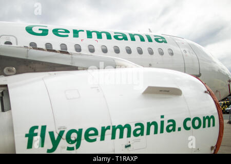 28 March 2019, Bavaria, Nürnberg: An aircraft of the insolvent Berlin airline Germania is standing on the apron at Albrecht Dürer Airport. Photo: Daniel Karmann/dpa Stock Photo