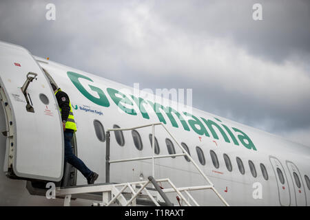 28 March 2019, Bavaria, Nürnberg: An aircraft of the insolvent Berlin airline Germania is standing on the apron at Albrecht Dürer Airport. Photo: Daniel Karmann/dpa Stock Photo