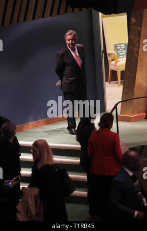 New York, New York, USA. 28th Mar, 2019. UN Secretary General António Guterres delivers remarks at the High-Level Meeting on Climate and Sustainable Development for All held at the General Assembly Hall on March 28, 2019 in New York City. Credit: Mpi43/Media Punch/Alamy Live News Stock Photo