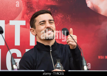 Liverpool, UK. 28th March, 2019. Anthony Crolla during Pre-match Final Press Conference at The Cunard Building on Thursday, 28 March 2019. LIVERPOOL, ENGLAND. (Editorial use only, license required for commercial use. No use in betting, games or a single club/league/player publications.) Credit: Taka G Wu/Alamy News Stock Photo