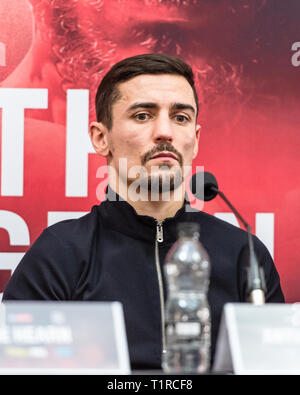 Liverpool, UK. 28th March, 2019. Anthony Crolla during Pre-match Final Press Conference at The Cunard Building on Thursday, 28 March 2019. LIVERPOOL, ENGLAND. (Editorial use only, license required for commercial use. No use in betting, games or a single club/league/player publications.) Credit: Taka G Wu/Alamy News Stock Photo