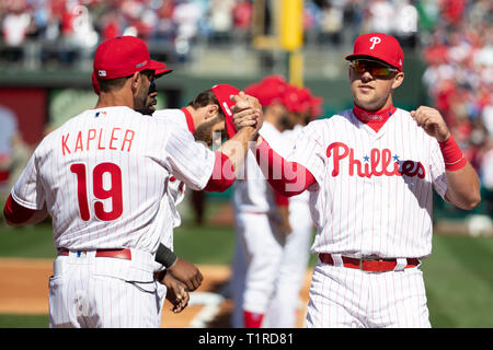 Philadelphia Phillies' Rhys Hoskins gives a thumbs up during the first ...