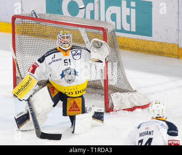 Lausanne, Switzerland. 28th march, 2019. LNA SWISS ICE HOCKEY LAUSANNE HC VS EV ZUG - Lausanne Hc Vs RV Zug at Vaudoise Arena, Lausanne (Playoffs, Semi-final Act II), 28-03-2019. Credit: Eric Dubost/Alamy Live News Stock Photo