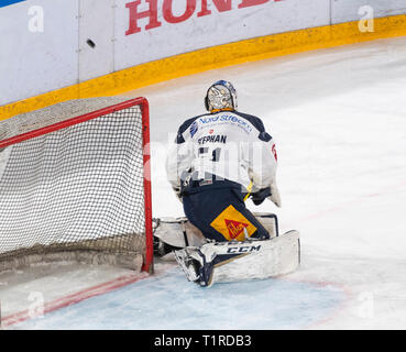 Lausanne, Switzerland. 28th march, 2019. LNA SWISS ICE HOCKEY LAUSANNE HC VS EV ZUG - Lausanne Hc Vs RV Zug at Vaudoise Arena, Lausanne (Playoffs, Semi-final Act II), 28-03-2019. Credit: Eric Dubost/Alamy Live News Stock Photo