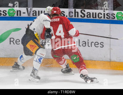 Lausanne, Switzerland. 28th march, 2019. LNA SWISS ICE HOCKEY LAUSANNE HC VS EV ZUG - Lausanne Hc Vs RV Zug at Vaudoise Arena, Lausanne (Playoffs, Semi-final Act II), 28-03-2019. Credit: Eric Dubost/Alamy Live News Stock Photo