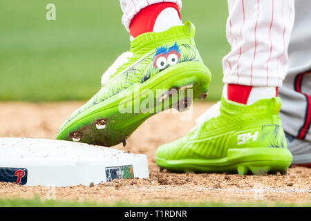 Philadelphia, Pennsylvania, USA. 28th Mar, 2019. Philadelphia Phillies  right fielder Bryce Harper (3) Phillie Phanatic cleats during the MLB game  between the Atlanta Braves and Philadelphia Phillies at Citizens Bank Park  in