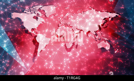 World technology science news background, connection digital wires and circle dots on world map Stock Photo