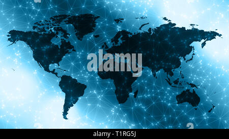 Digital world continents, connected white dots and lines Stock Photo