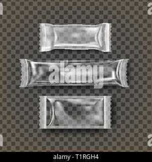 Plastic Biscuit Vector. Transparent Cookie Bar Dessert Wrap. Empty Product Polyethylene Mock Up Template. Nylon Doy Pack Branding Design Package Stock Vector