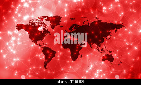 Machine learning network bots, world map and connected lines with circles Stock Photo