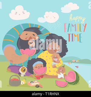 Happy family on a picnic. Dad, mom,daughter and babies are resting in nature Stock Vector