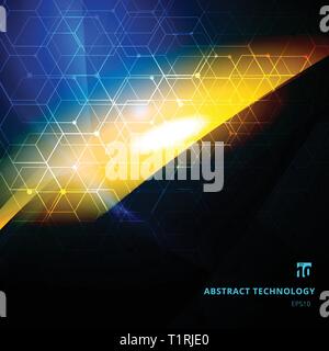 Abstract explosion of light with hexagonal patterns on dark background copy space. Technology digital futuristic style. Vector illustration Stock Vector