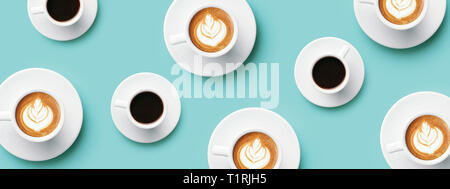 Many Cups Of Coffee And Cappuccino With Latte Art On Blue