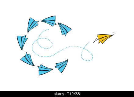 Leadership concept with Yellow paper plane leading among Blue paper planes on White background Vector. Stock Vector