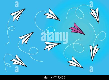 Leadership concept with red paper plane leading white paper planes  on blue background Stock Vector