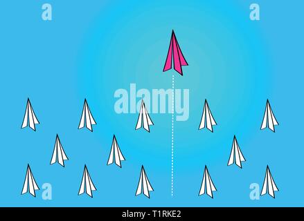 Leadership concept with red paper plane leading white paper planes  on blue background Stock Vector