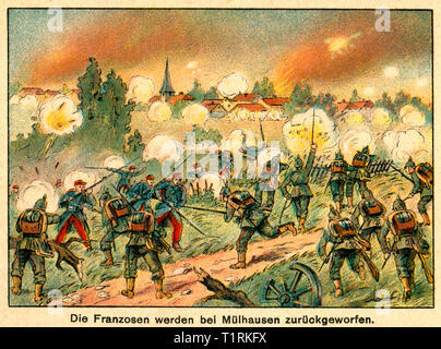 Germany, Berlin, WW I, coloured drawing with the title: 'Die Franzosen werden bei Mülhausen zurückgeworfen' ( The French soldiers go back near Mulhouse), image from the leporello: 'Unity makes us strong - the war of people 1914 ', issue No. 1, artist unknown, publishing house unknown, date of publishing unknown. , Additional-Rights-Clearance-Info-Not-Available Stock Photo