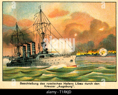 Germany, Berlin, WW I, coloured drawing with the title ' Beschießung des russischen Hafens Libau durch den Kreuzer Augsburg' (Bombardment the Russian harbour Libau by the cruiser Augsburg), image from the leporello ' Unity makes us strong - the war of people 1914 ', issue No. 1, artist unknown, publishing house unknown, date of publishing unknown. , Additional-Rights-Clearance-Info-Not-Available Stock Photo
