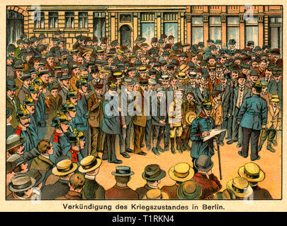 Germany, Berlin, WW I, coloured drawing with the title: 'Verkündigung des Kriegszustandes in Berlin' (proclamation of  beginning war in Berlin), image from the leporello  ' Unity makes us strong - the war of peoples 1914 ', issue No. 1, artist unknown, publishing house unknown, date of publishing unknown. , Additional-Rights-Clearance-Info-Not-Available Stock Photo