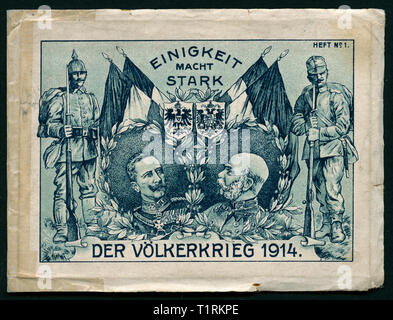 Germany, Berlin, WW I, leporello with 10 coloured drawings with situations from WW I with the title: 'Unity makes us strong - the war of peoples 1914 ', issue No. 1, on the cover there are the portraits of Emperor William II and Emperor Franz Josef I, also a German and a Austrian soldier and the coats, the artist is unknown, the publishing house is unknown and the date of printing is unknown., Additional-Rights-Clearance-Info-Not-Available Stock Photo