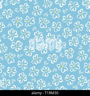 Cute white abstract hand-drawn daisis on blue background vector seamless pattern. Whimsical easter floral print. Simplistic ditsy blooms. Retro minima Stock Vector