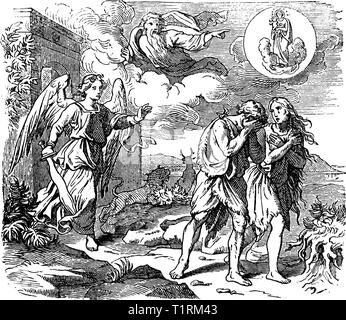 Vintage antique illustration and line drawing or engraving of biblical Adam and Eve leaving Garden of Eden. Expulsion from paradise by angel or cherubim with flaming sword.Genesis 3:24. Stock Vector