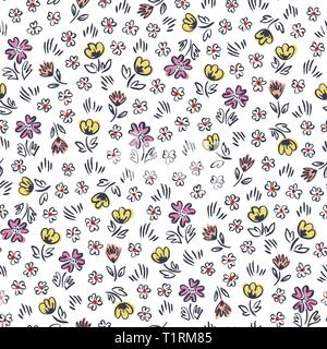 Cute ditsy abstract hand-drawn flowers on white background vector seamless pattern. Whimsical easter floral print. Simplistic ditsy blooms. Retro mini Stock Vector