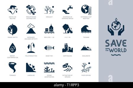 Save the World big icon set. Different variants of environmental icons on the theme of ecology in flat style isolated on background. Save the World fl Stock Vector