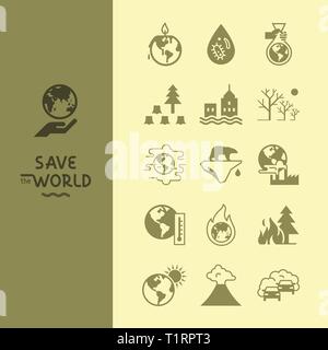 Set of vector icons on the theme of global warming of our planet as a whole. Stock Vector