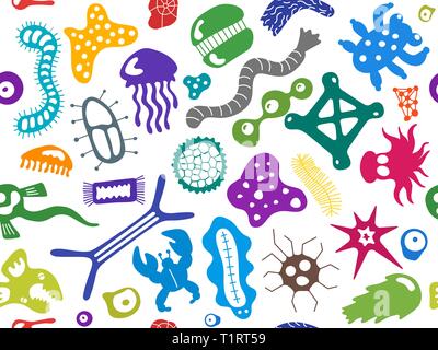 Various microorganisms seamless pattern. Backdrop with infectious germs, protists, microbes, disease causing bacteria, viruses. Biodiversity plankton. Stock Vector