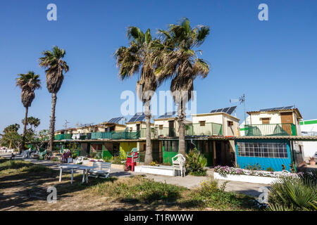 Small Houses of Fishermen is a group of 31 houses permanently inhabited all year round, it is amazing architecture, Alboraya, Valencia Spain Stock Photo