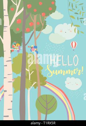 Different trees in summer forest with rainbow Stock Vector