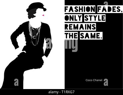 Illustration, graphic with Coco Chanel quote Fashion fades, only style  remains the same. Minimalism, little black dress, pearl. Simple font Stock  Photo - Alamy