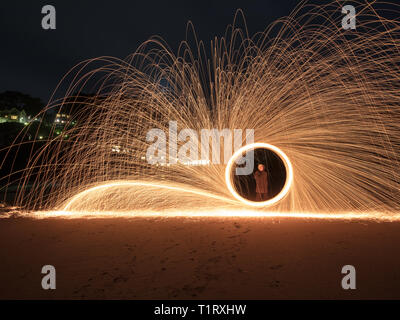 A steel wool shot on the beach at the stunning South Sands in Salcombe. Stock Photo