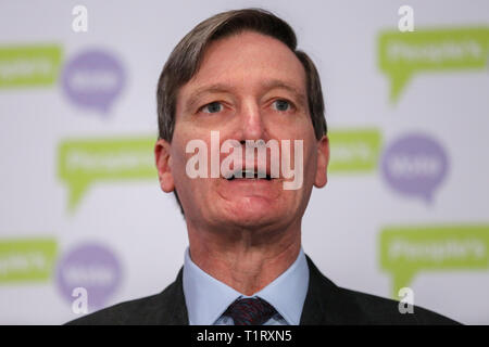 Dominic Grieve MP - Conservative former Attorney General is seen speaking at a People's Vote press conference in Westminster setting out an analysis of the different Brexit options facing Members of Parliament in indicative votes. British Prime Minister Theresa May told the backbench Tory MPs this evening that she will stand down if they back her EU withdrawal deal. Stock Photo