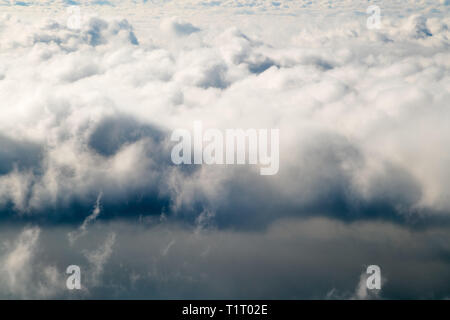 Dark stormy rain clouds in the sky. Dramatic rain cloud background without land, bad weather Stock Photo
